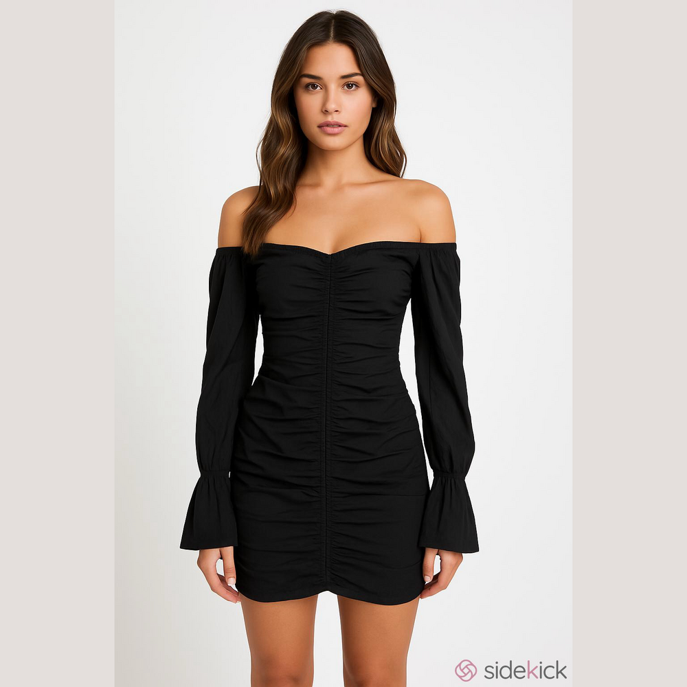 Tularosa Black Long Sleeve Off The Shoulder Ruched Mini Dress NEW